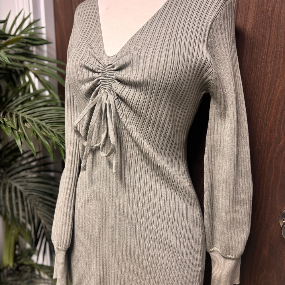 Deep Self Olive Ribbed Ruched Tie Front Midi Sweater Dress - Picture 2 of 13